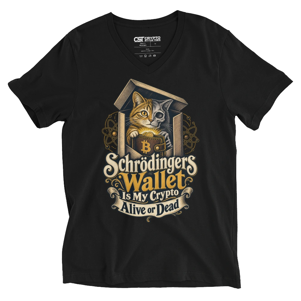 Schrödingers Wallet Is My Crypto Alive or Dead V-neck T-shirt in Black