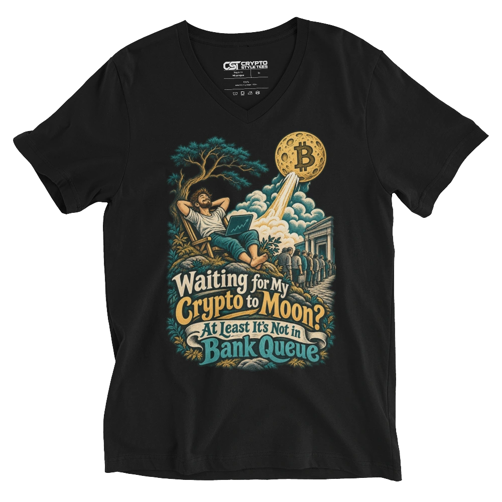 Waiting for My Crypto to Moon? At Least It’s Not in Bank Queue V-neck T-shirt in Black