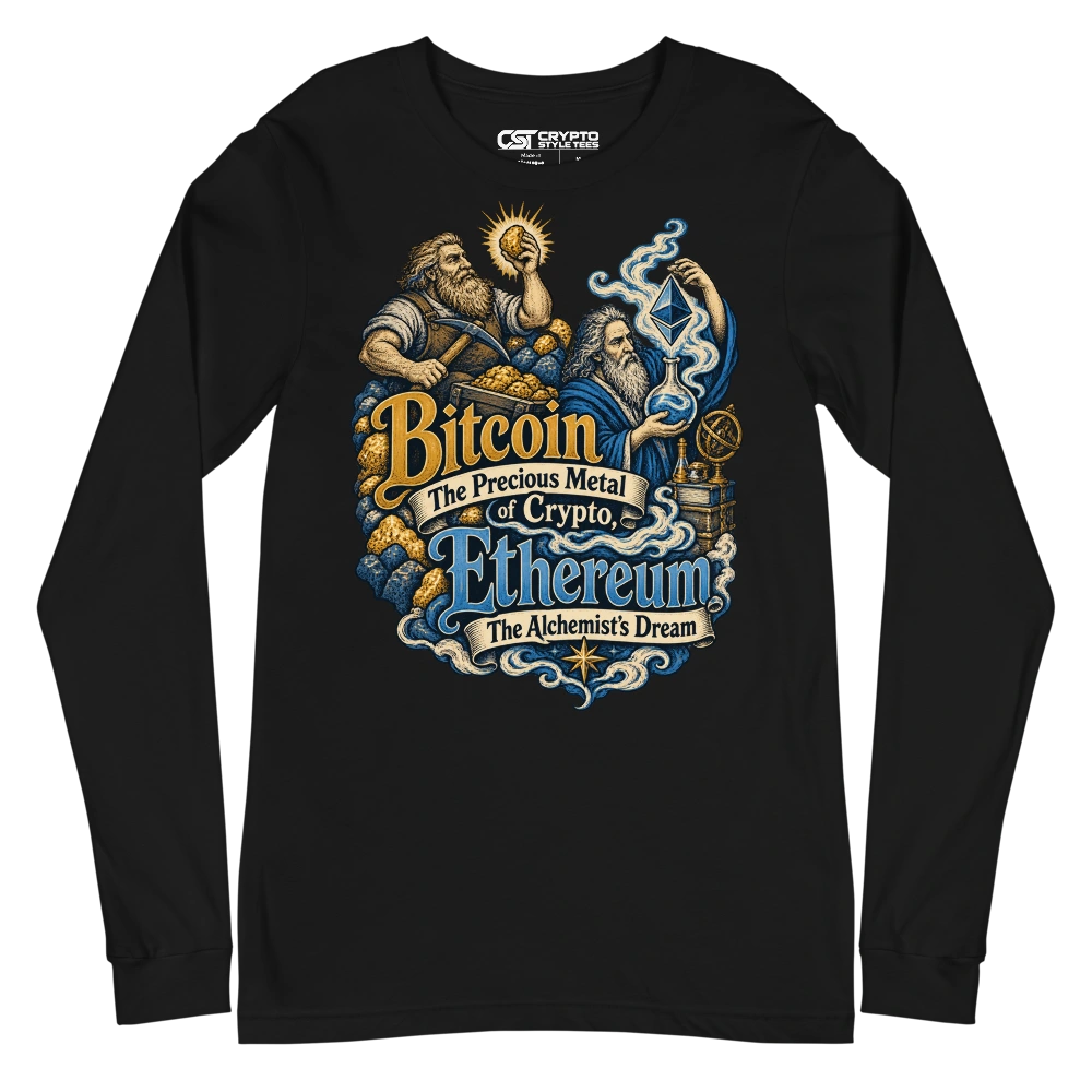 Bitcoin The Precious Metal of Crypto, Ethereum The Alchemist’s Dream Long Sleeve T-shirt