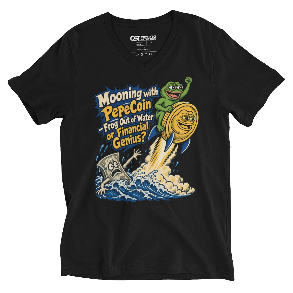 Mooning with PepeCoin – Frog Out of Water or Financial Genius? V-neck T-shirt in Black