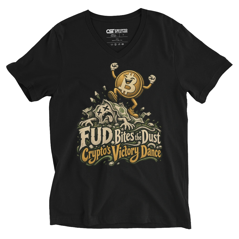 FUD Bites the Dust Crypto’s Victory Dance V-neck T-shirt