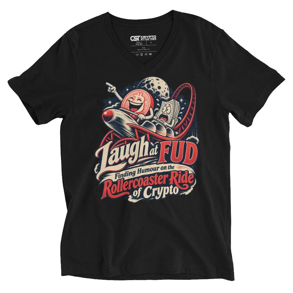Laugh at FUD Finding Humour on the Rollercoaster Ride of Crypto V-neck T-shirt in Black