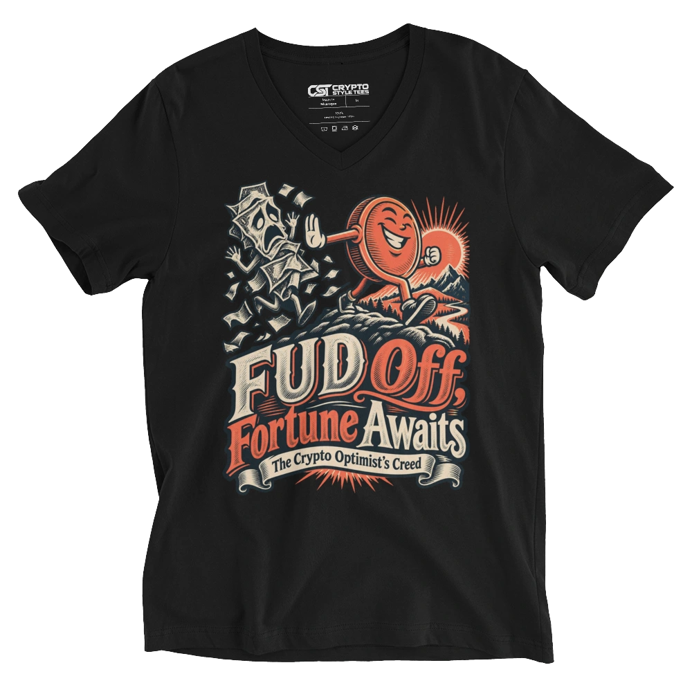 FUD Off, Fortune Awaits The Crypto Optimist’s Creed V-neck T-shirt in Black