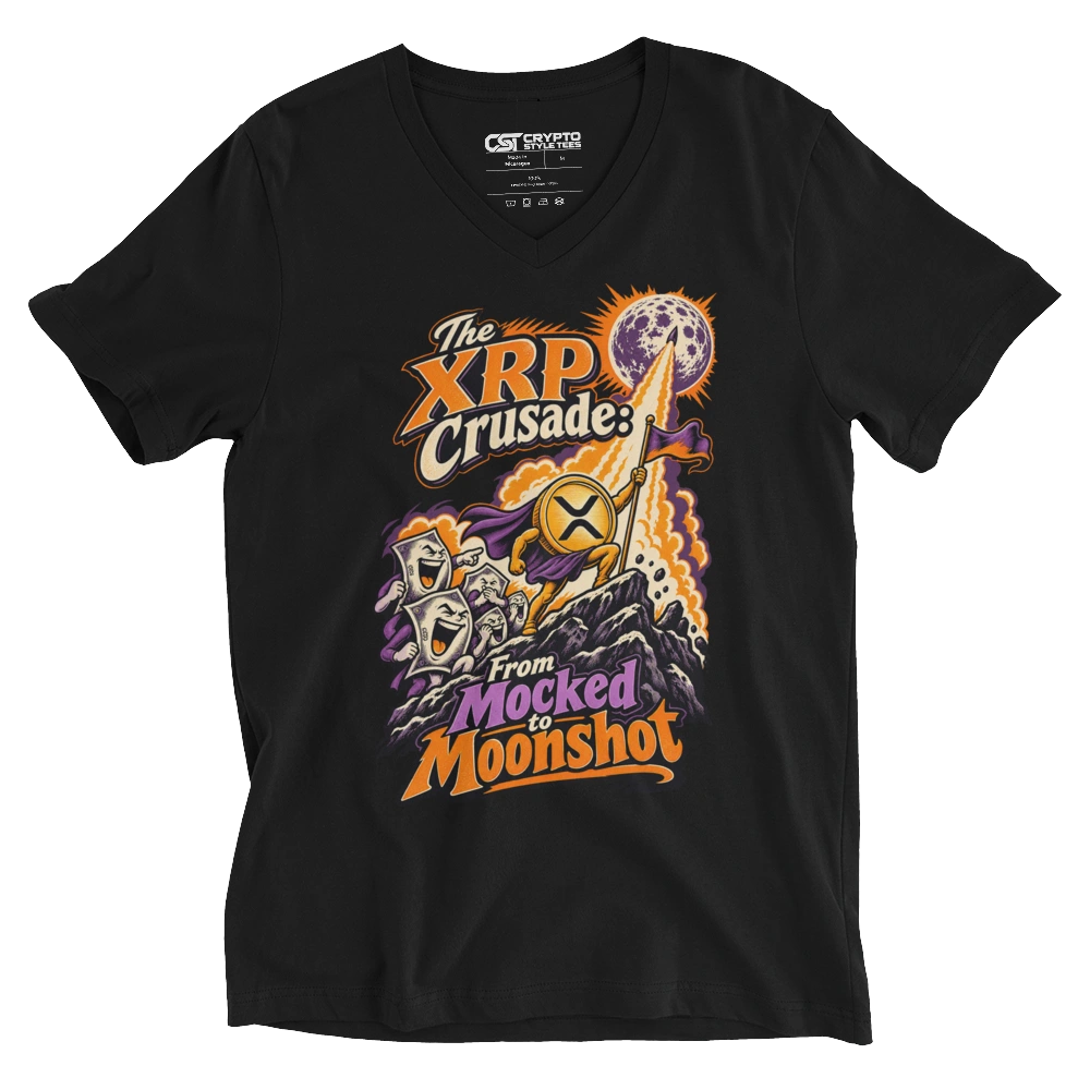 The XRP Crusade: From Mocked to Moonshot V-neck T-shirt in Black