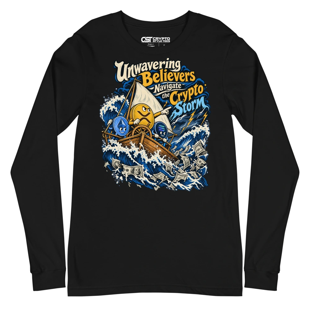 Unwavering Believers Navigate the Crypto Storm Long Sleeve T-shirt in Black