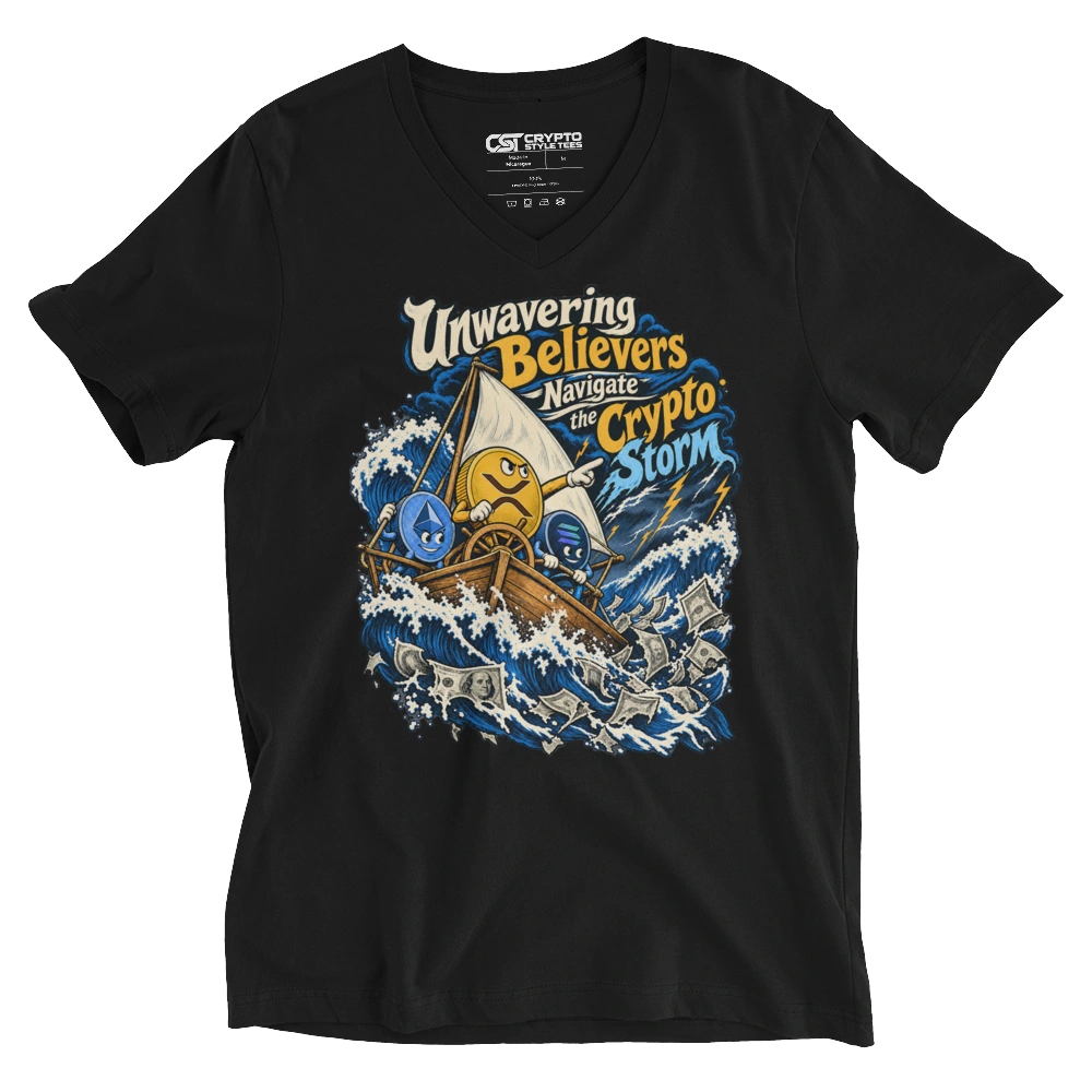 Unwavering Believers Navigate the Crypto Storm V-neck T-shirt in Black