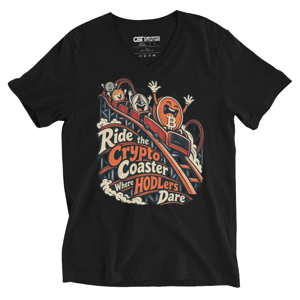 Ride the Crypto Coaster Where HODLers Dare V-neck T-shirt in Black