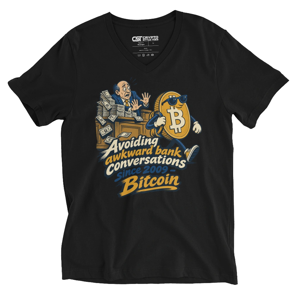 Avoiding awkward bank conversations since 2009 – Bitcoin V-neck T-shirt in Black