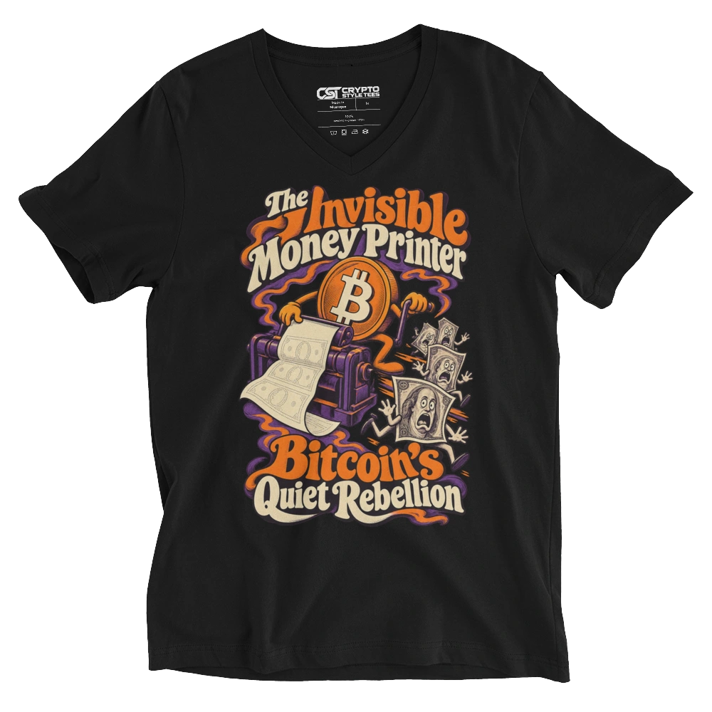 The Invisible Money Printer Bitcoin’s Quiet Rebellion V-neck T-shirt in Black