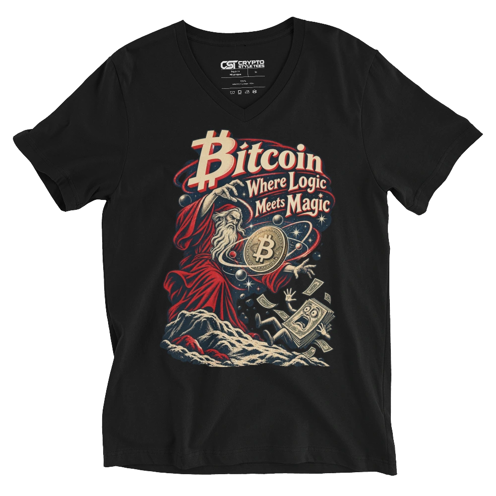 Bitcoin Where Logic Meets Magic V-neck T-shirt in Black