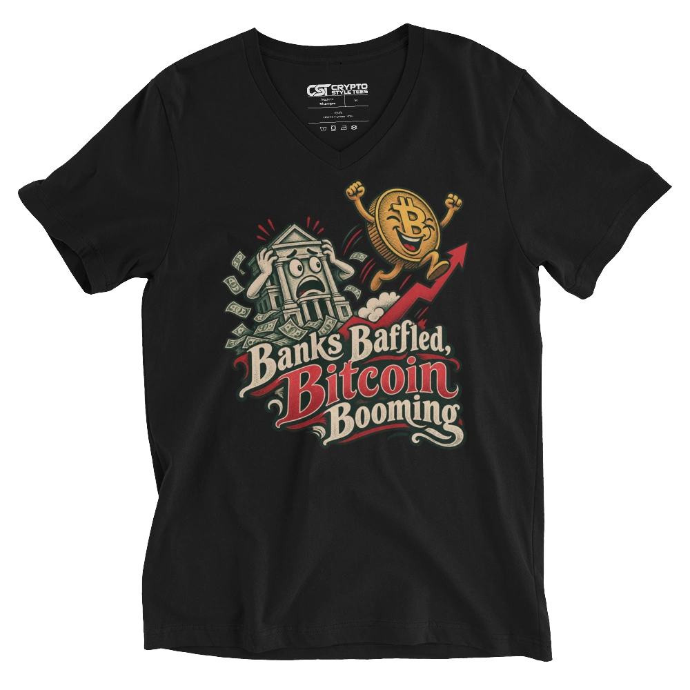 Banks Baffled, Bitcoin Booming V-neck T-shirt in Black