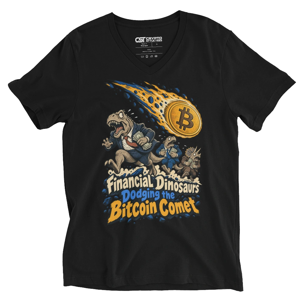 Financial Dinosaurs Dodging the Bitcoin Comet V-neck T-shirt in Black
