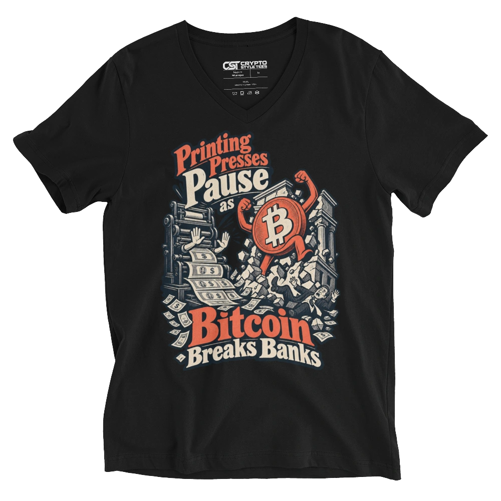 Printing Presses Pause as Bitcoin Breaks Banks V-neck T-shirt in Black