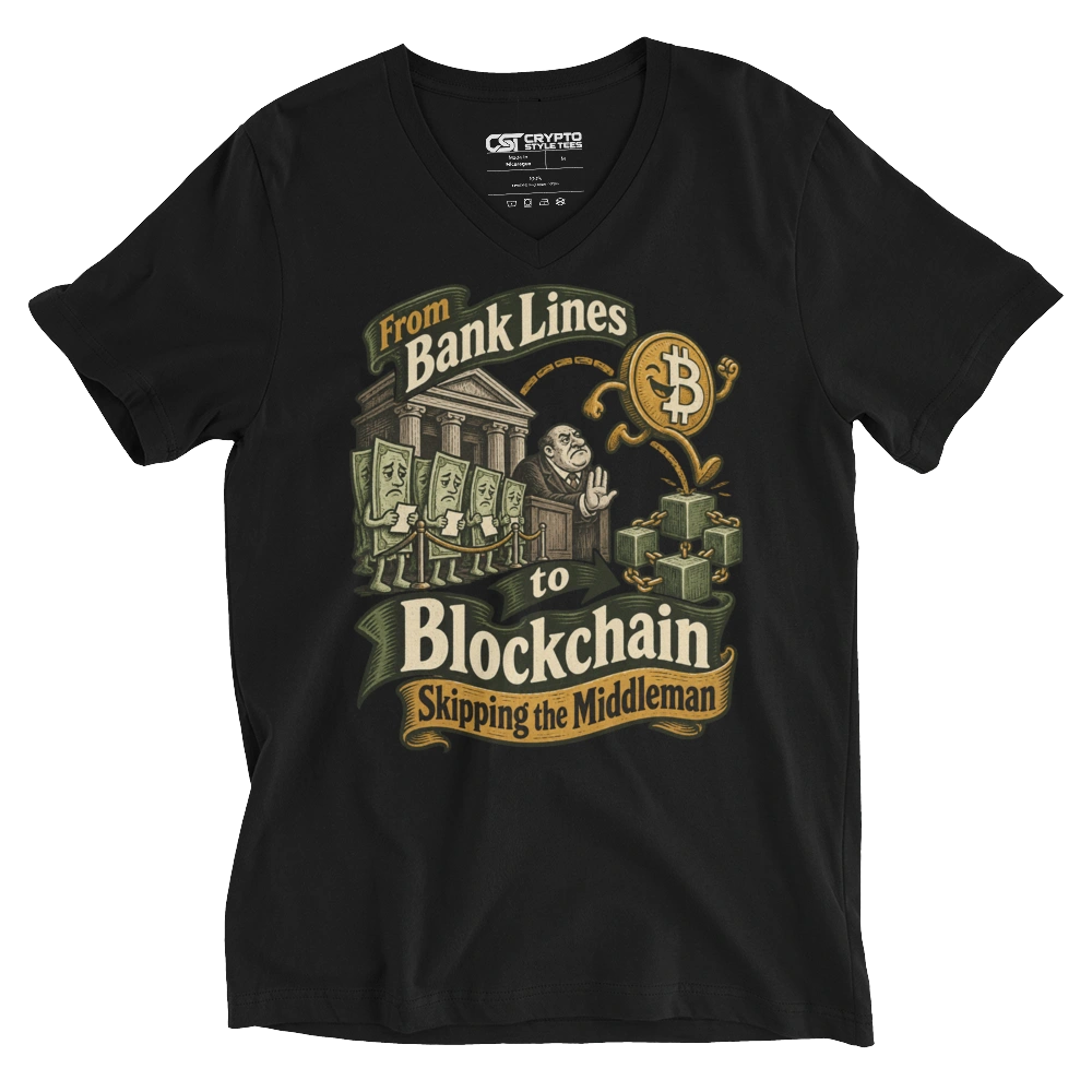 From Bank Lines to Blockchain Skipping the Middleman V-neck T-shirt in Black