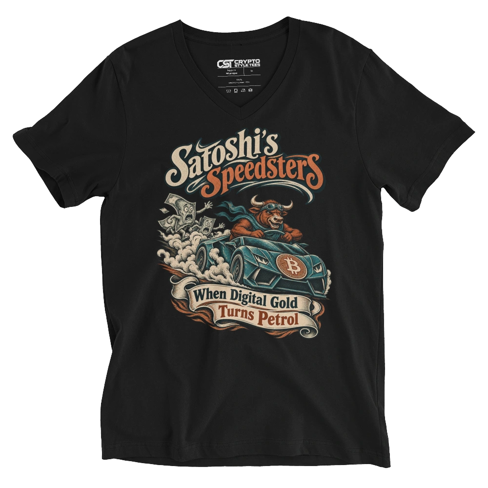 Satoshi’s Speedsters – When Digital Gold Turns Petrol V-neck T-shirt in Black