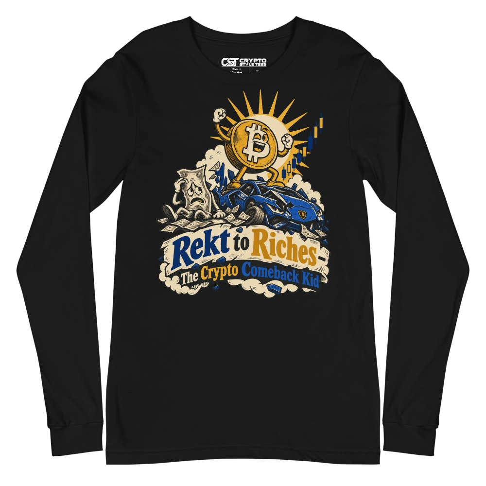 Rekt to Riches – The Crypto Comeback Kid Long Sleeve T-shirt in Black