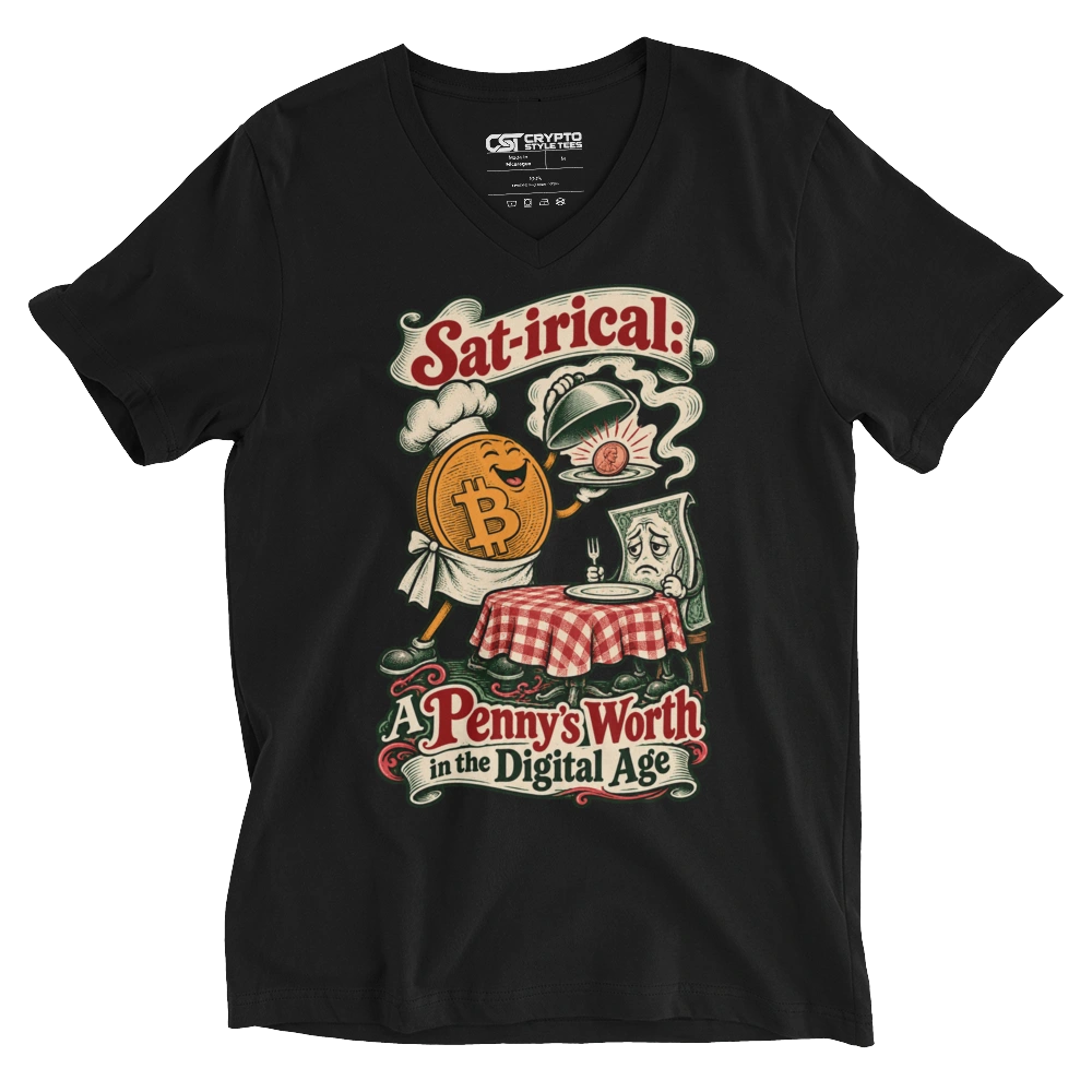 Sat-irical: A Penny’s Worth in the Digital Age V-neck T-shirt in Black