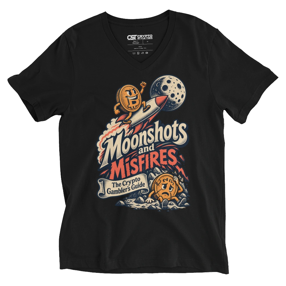 Moonshots and Misfires The Crypto Gambler’s Guide V-neck T-shirt in Black
