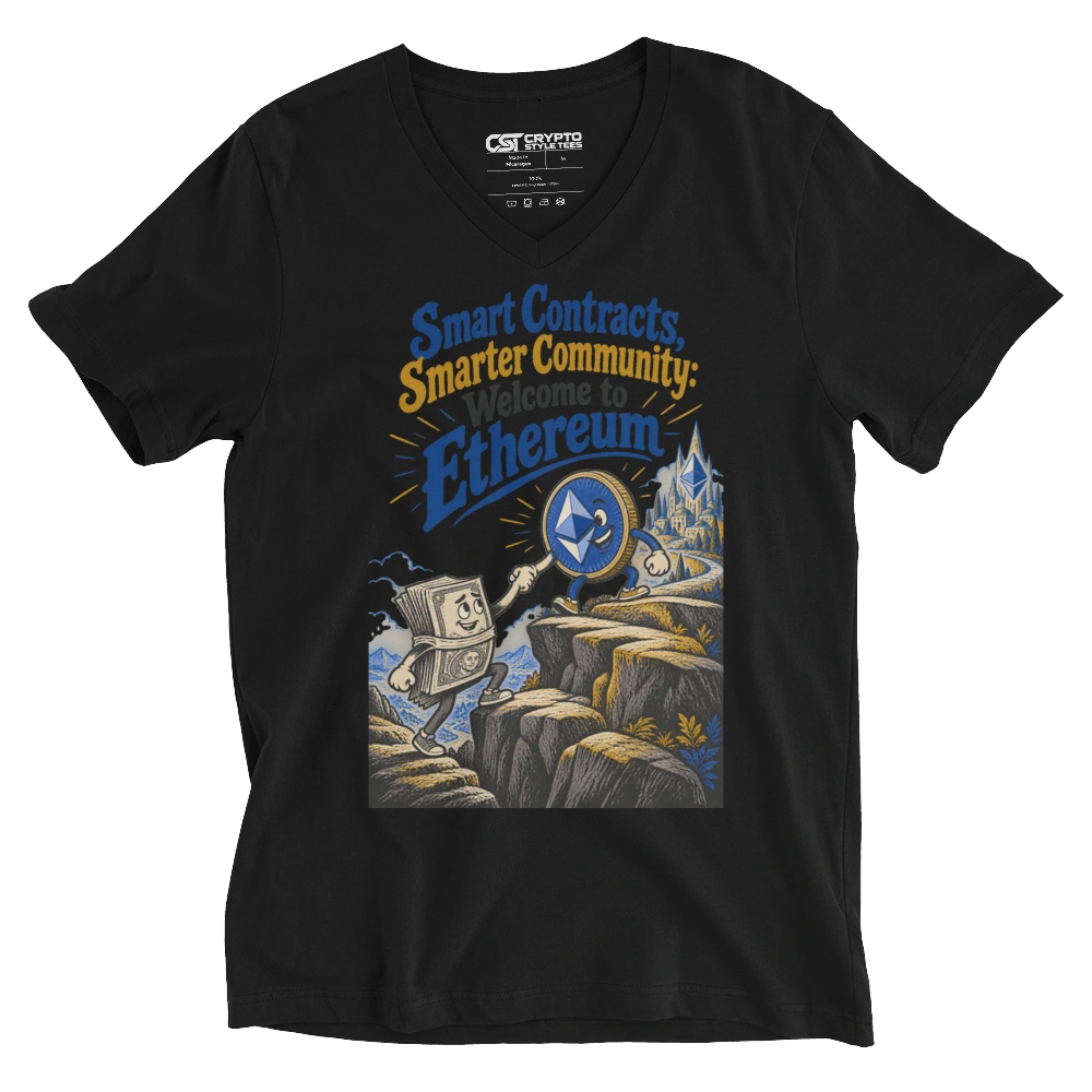 Smart Contracts, Smarter Community: Welcome to Ethereum V-neck T-shirt in Black