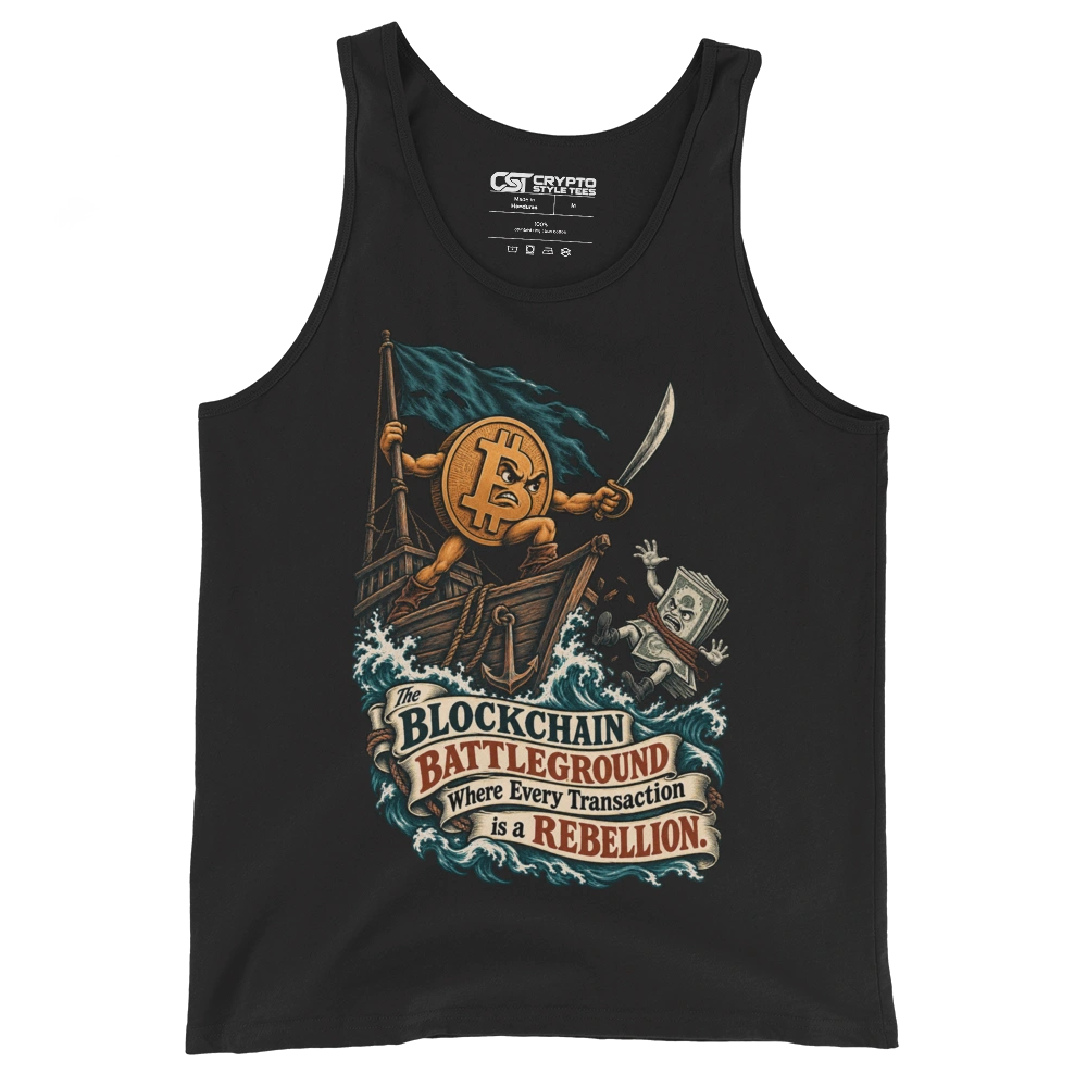The Blockchain Battleground Where Every Transaction is a Rebellion. Tank Top in Black