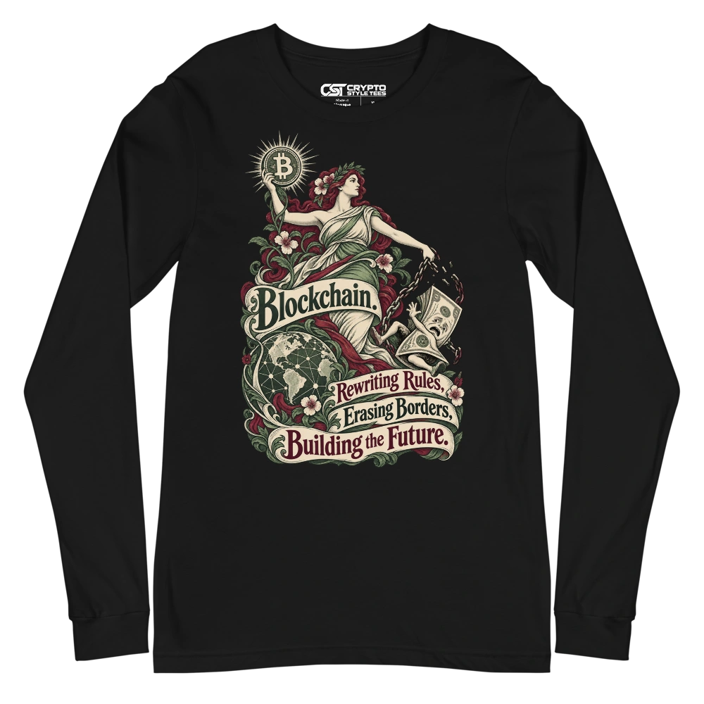 Blockchain. Rewriting Rules, Erasing Borders, Building the Future. Long Sleeve T-shirt in Black
