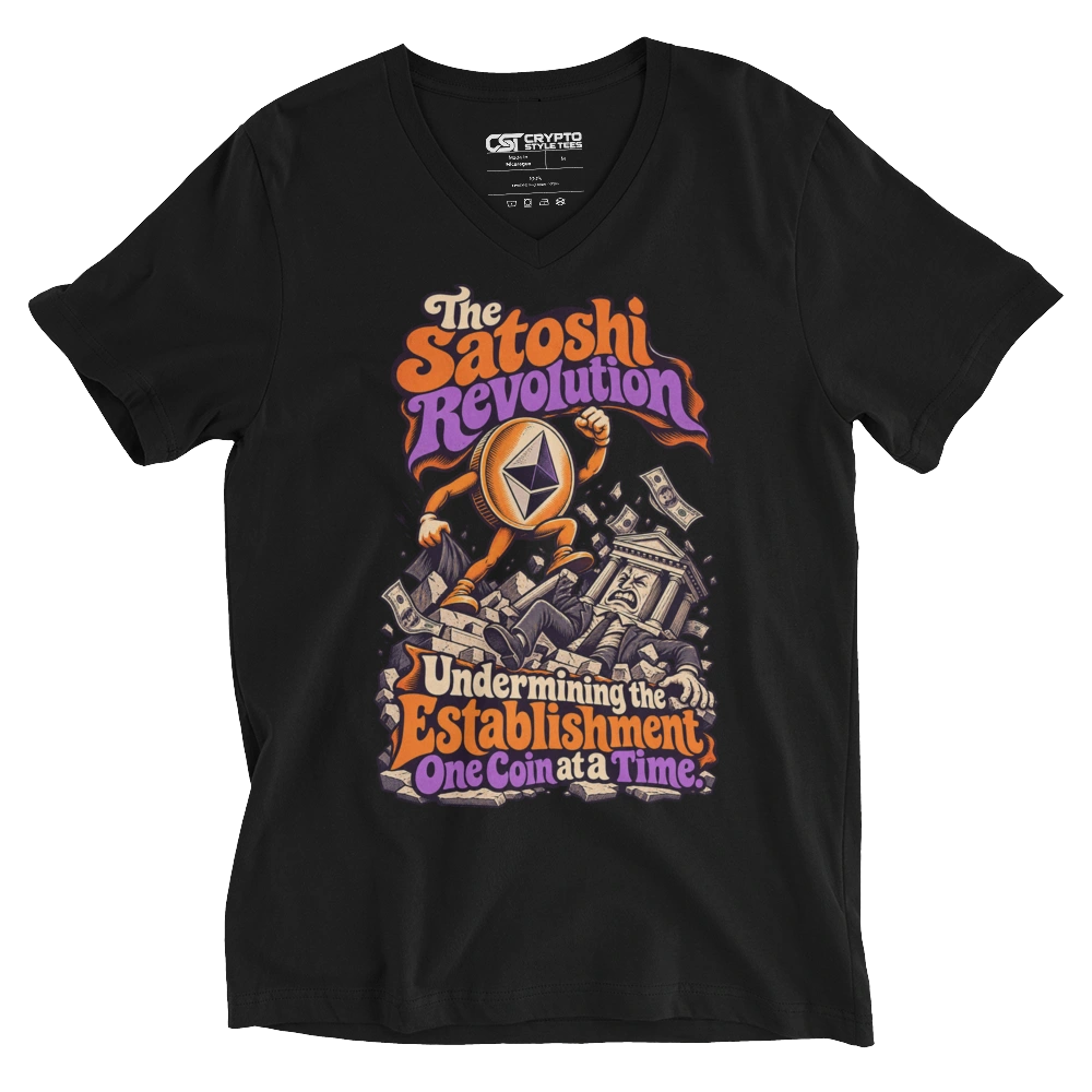 The Satoshi Revolution Undermining the Establishment One Coin at a Time. V-neck T-shirt in Black