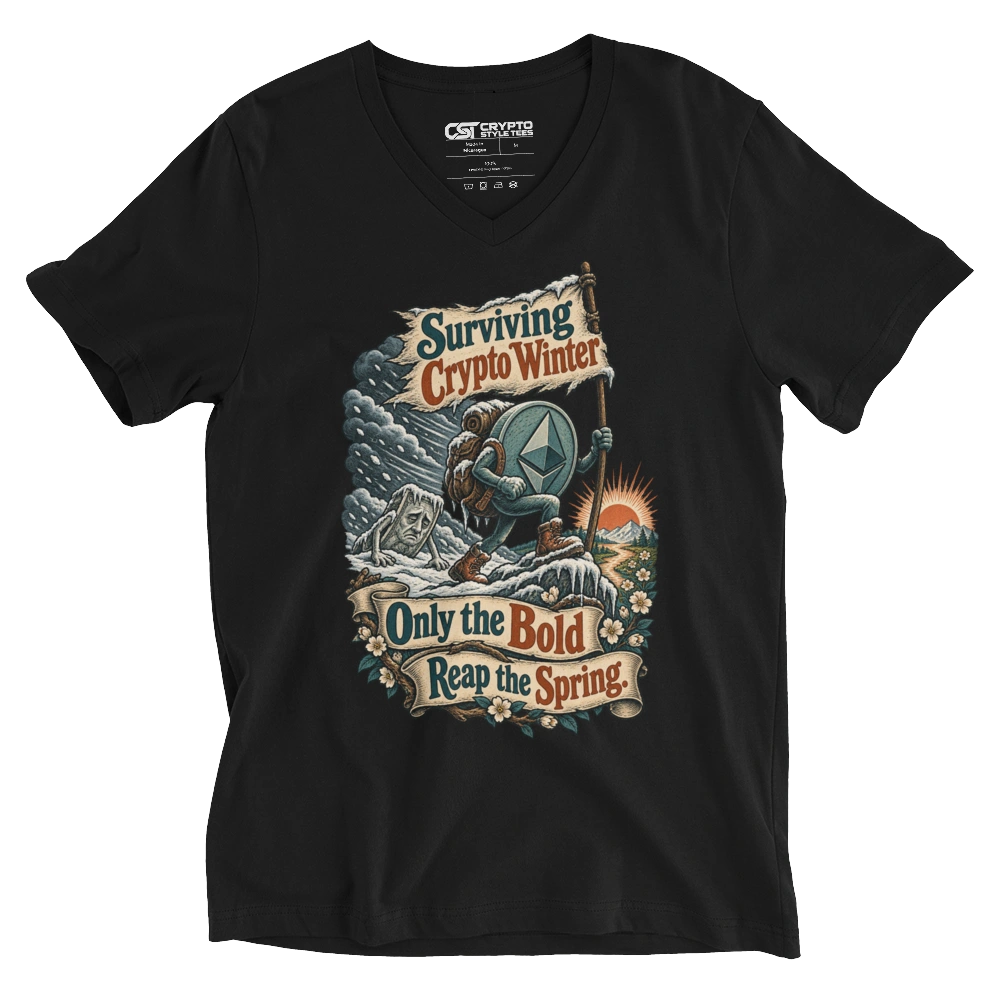 Surviving Crypto Winter Only the Bold Reap the Spring. V-neck T-shirt in Black