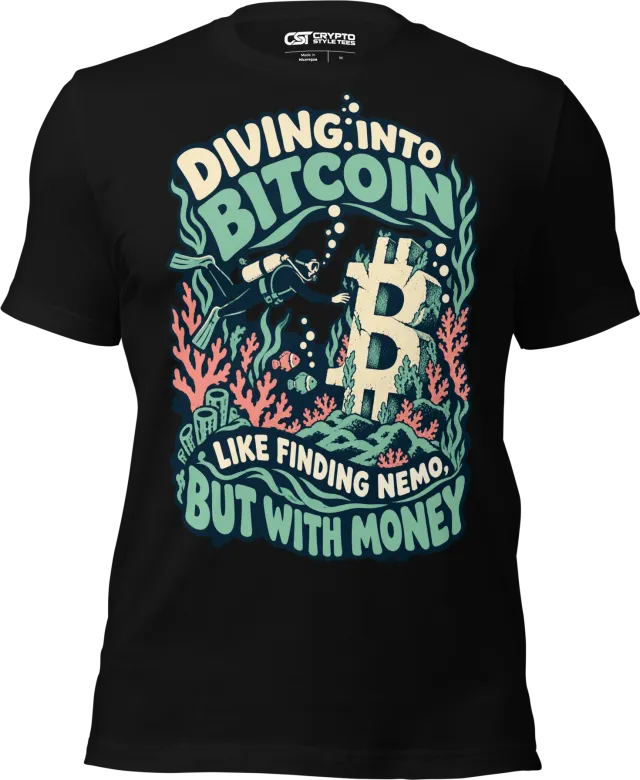 Diving into Bitcoin Like Finding Nemo, But with Money T Shirt in Black
