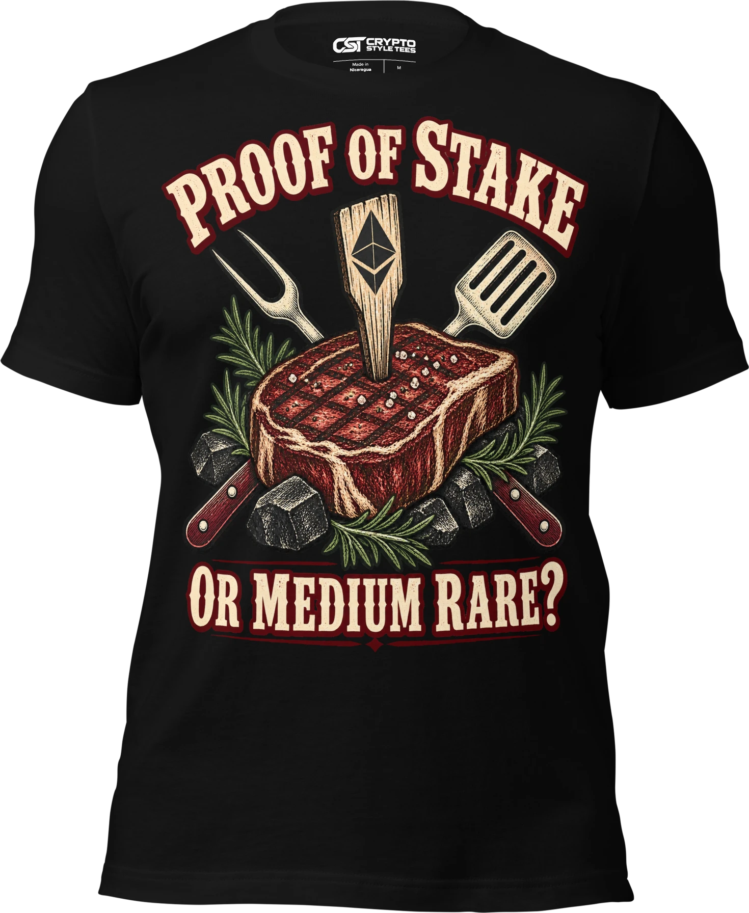 Proof of Stake or Medium Rare? T Shirt in Black
