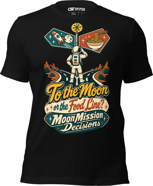 To the Moon or the Food Line? MoonMission Decisions T Shirt in Black