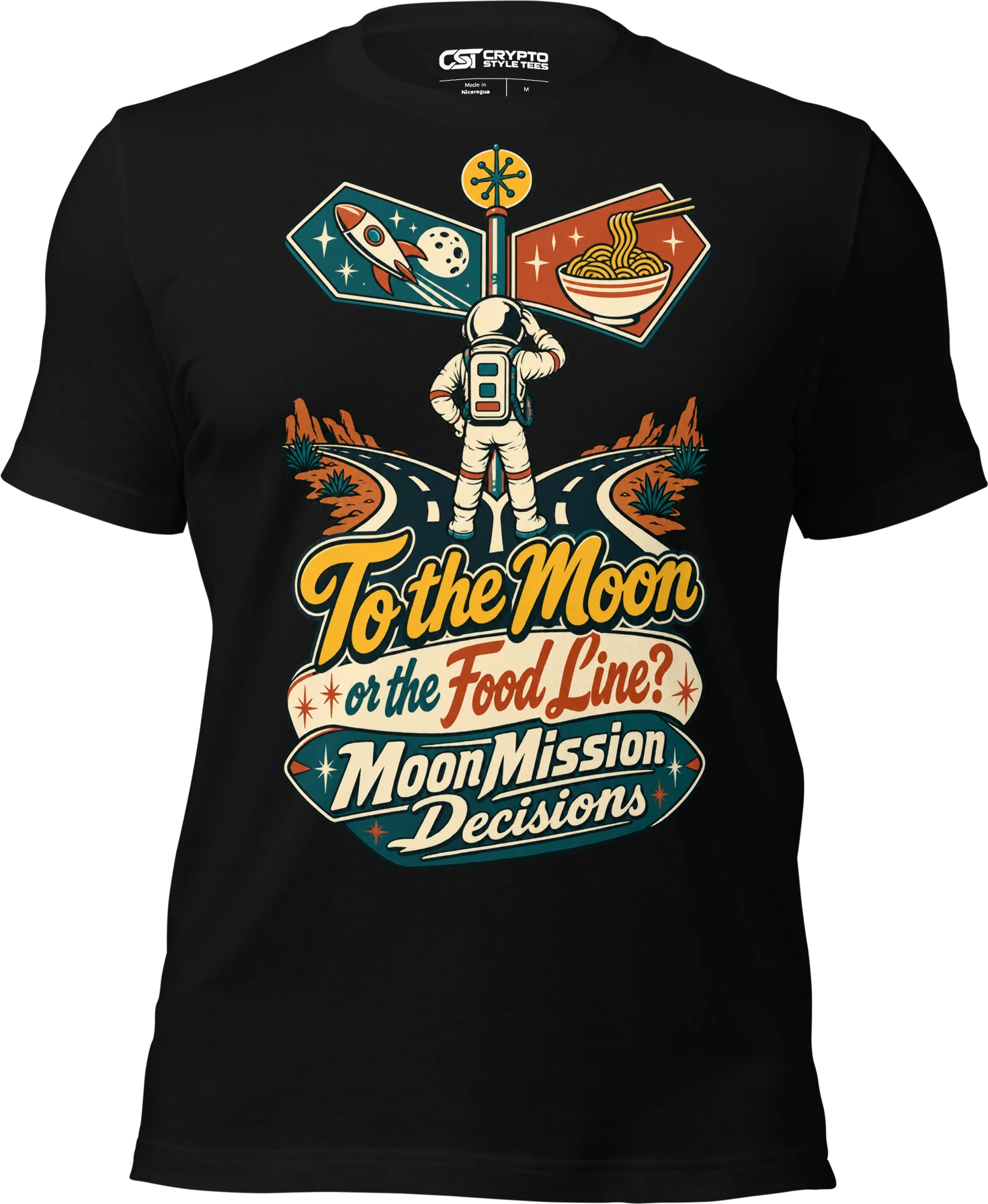 To the Moon or the Food Line? MoonMission Decisions T Shirt in Black