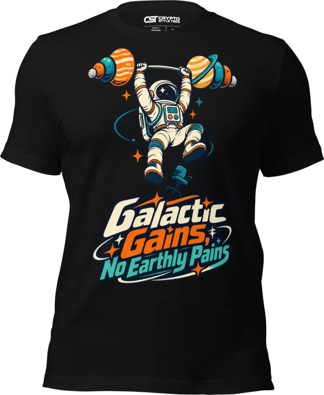 Galactic Gains, No Earthly Pains T Shirt in Black