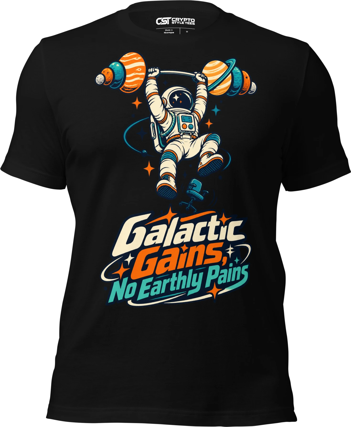 Galactic Gains, No Earthly Pains T Shirt in Black