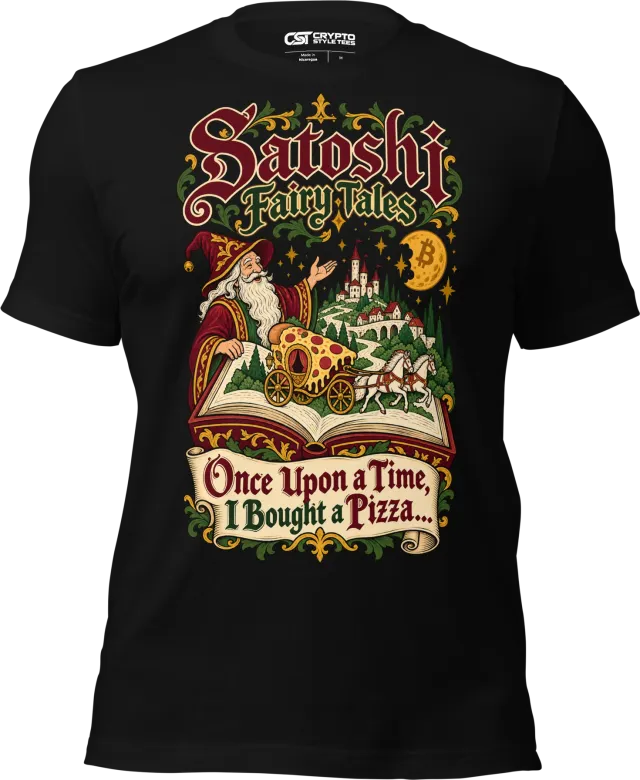 Satoshi Fairy Tales Once Upon a Time, I Bought a Pizza… T Shirt in Black