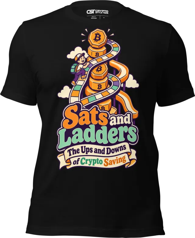 Sats and Ladders The Ups and Downs of Crypto Saving T Shirt in Black