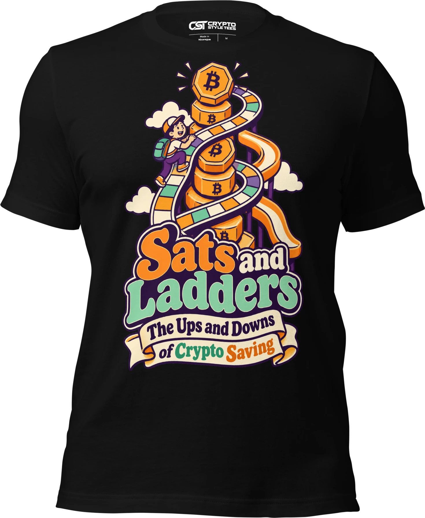 Sats and Ladders The Ups and Downs of Crypto Saving T Shirt in Black