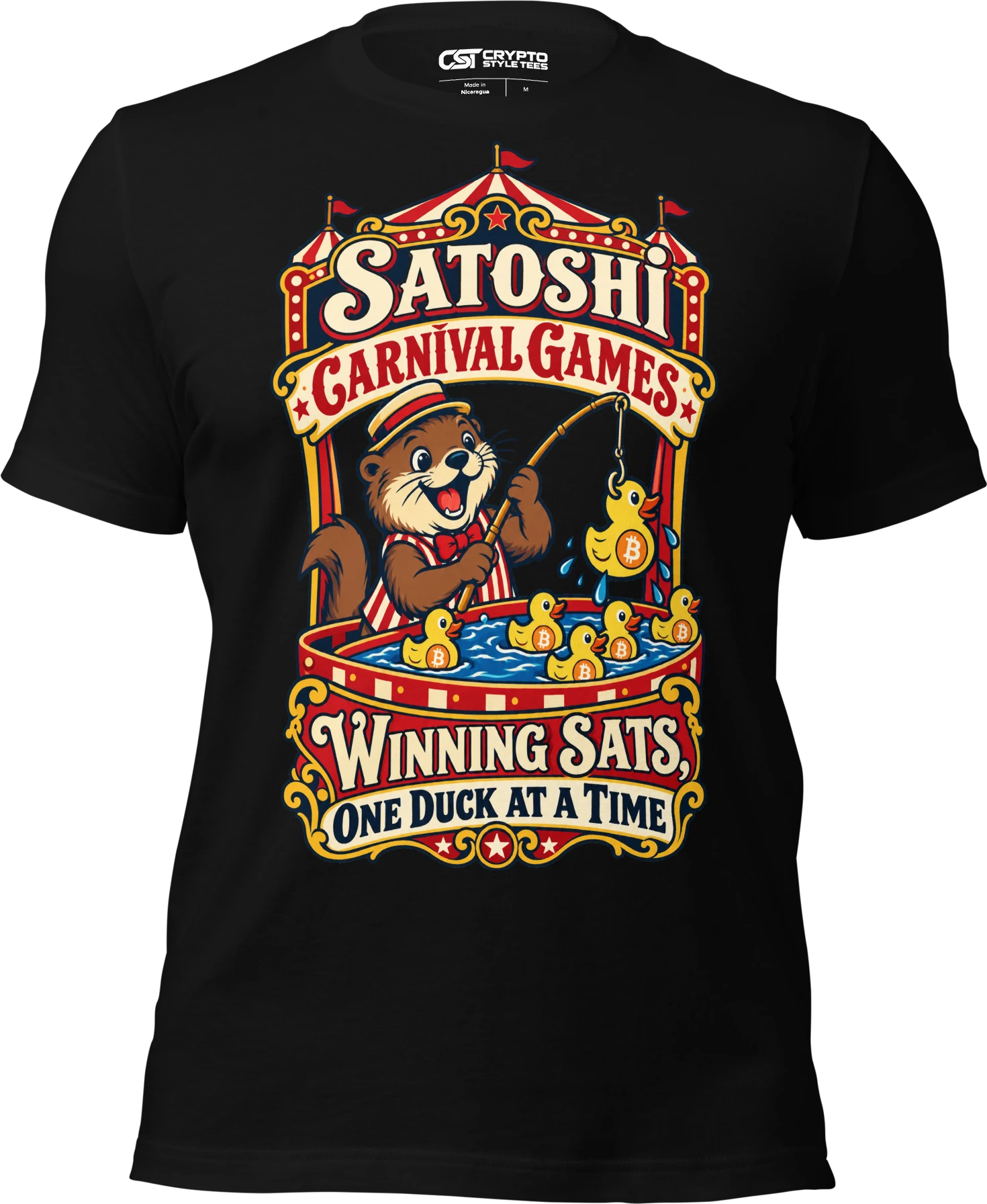 Satoshi Carnival Games Winning Sats, One Duck at a Time T Shirt in Black