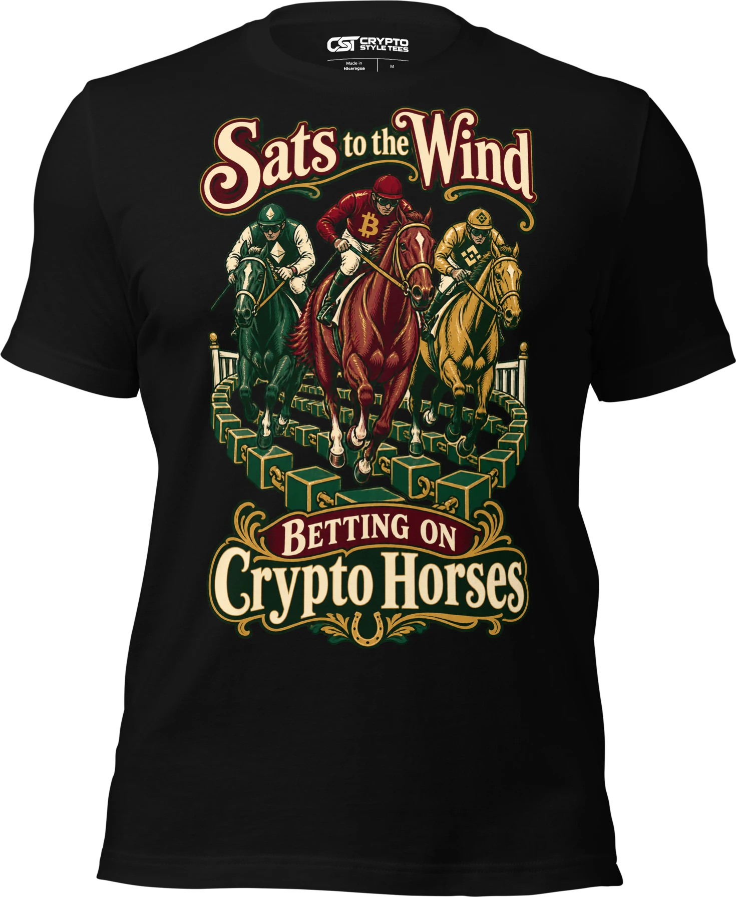 Sats to the Wind Betting on Crypto Horses T Shirt in Black