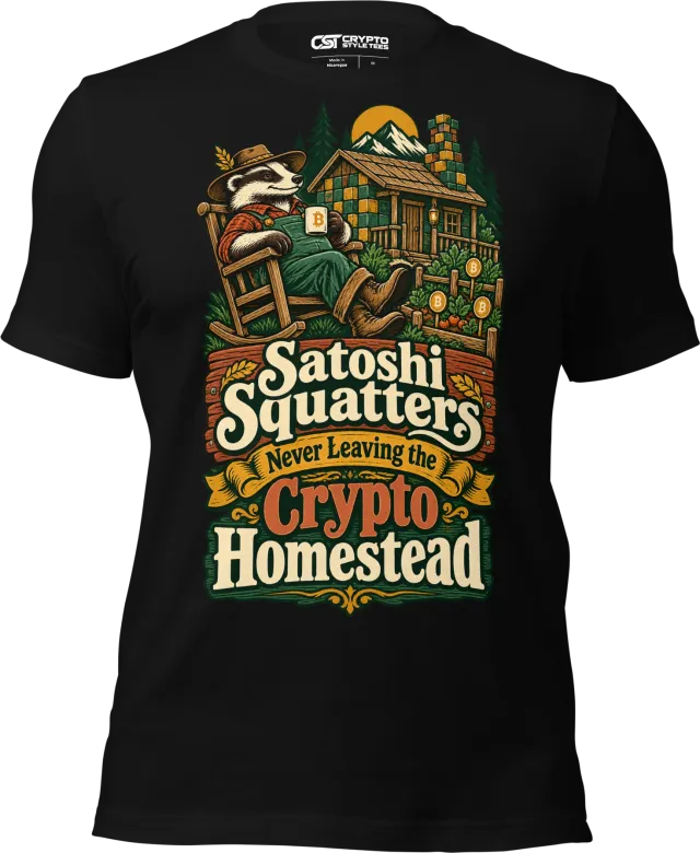 Satoshi Squatters Never Leaving the Crypto Homestead T Shirt in Black