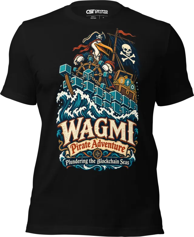 WAGMI Pirate Adventure Plundering the Blockchain Seas T Shirt in Black