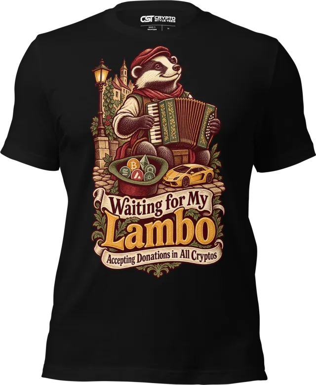 Waiting for My Lambo – Accepting Donations in All Cryptos T Shirt in Black