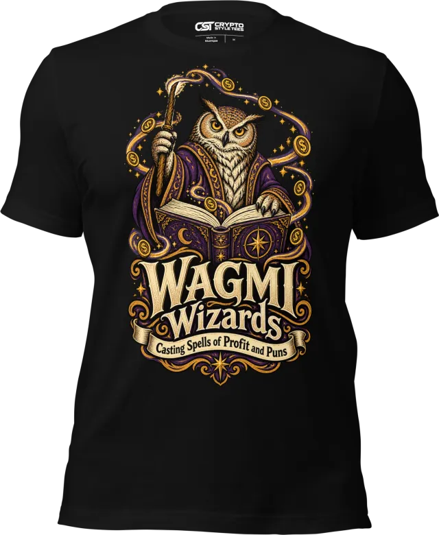 WAGMI Wizards Casting Spells of Profit and Puns T Shirt in Black