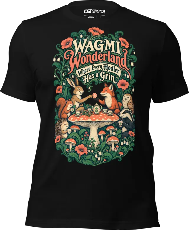 WAGMI Wonderland Where Every Hodler Has a Grin T Shirt in Black