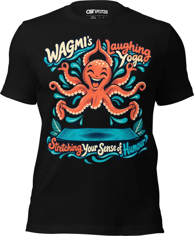 WAGMI’s Laughing Yoga, Stretching Your Sense of Humour T Shirt in Black