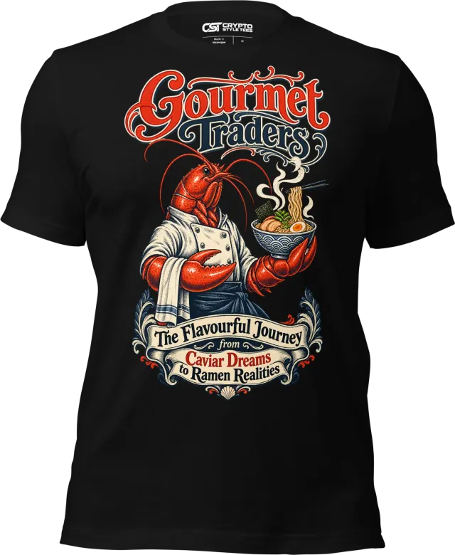 Gourmet Traders – The Flavourful Journey from Caviar Dreams to Ramen Realities T Shirt in Black