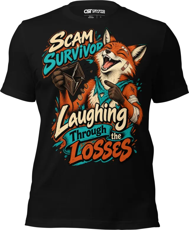 Scam Survivor Laughing Through the Losses T Shirt in Black