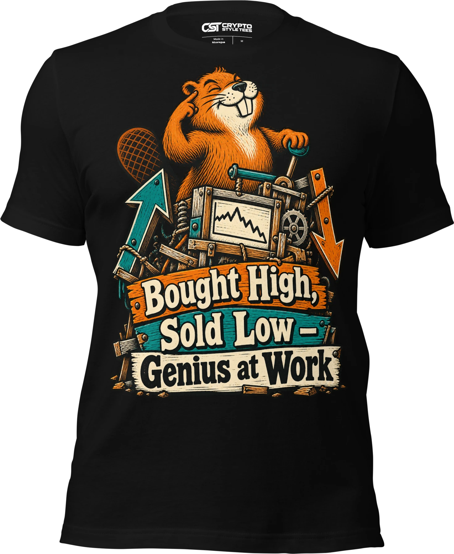 Bought High, Sold Low – Genius at Work T Shirt in Black