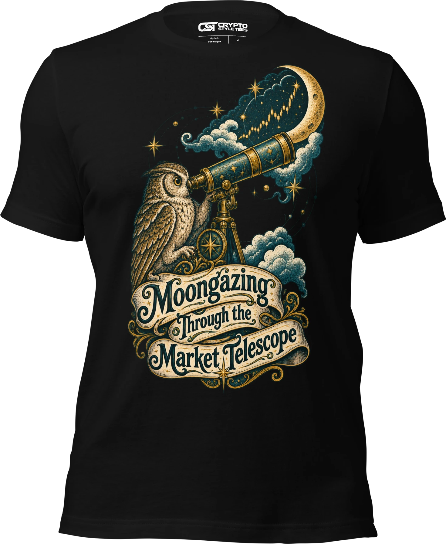 Moongazing Through the Market Telescope T Shirt in Black