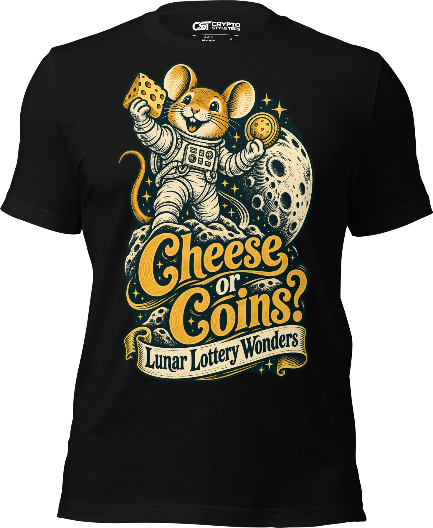 Cheese or Coins? Lunar Lottery Wonders T Shirt in Black