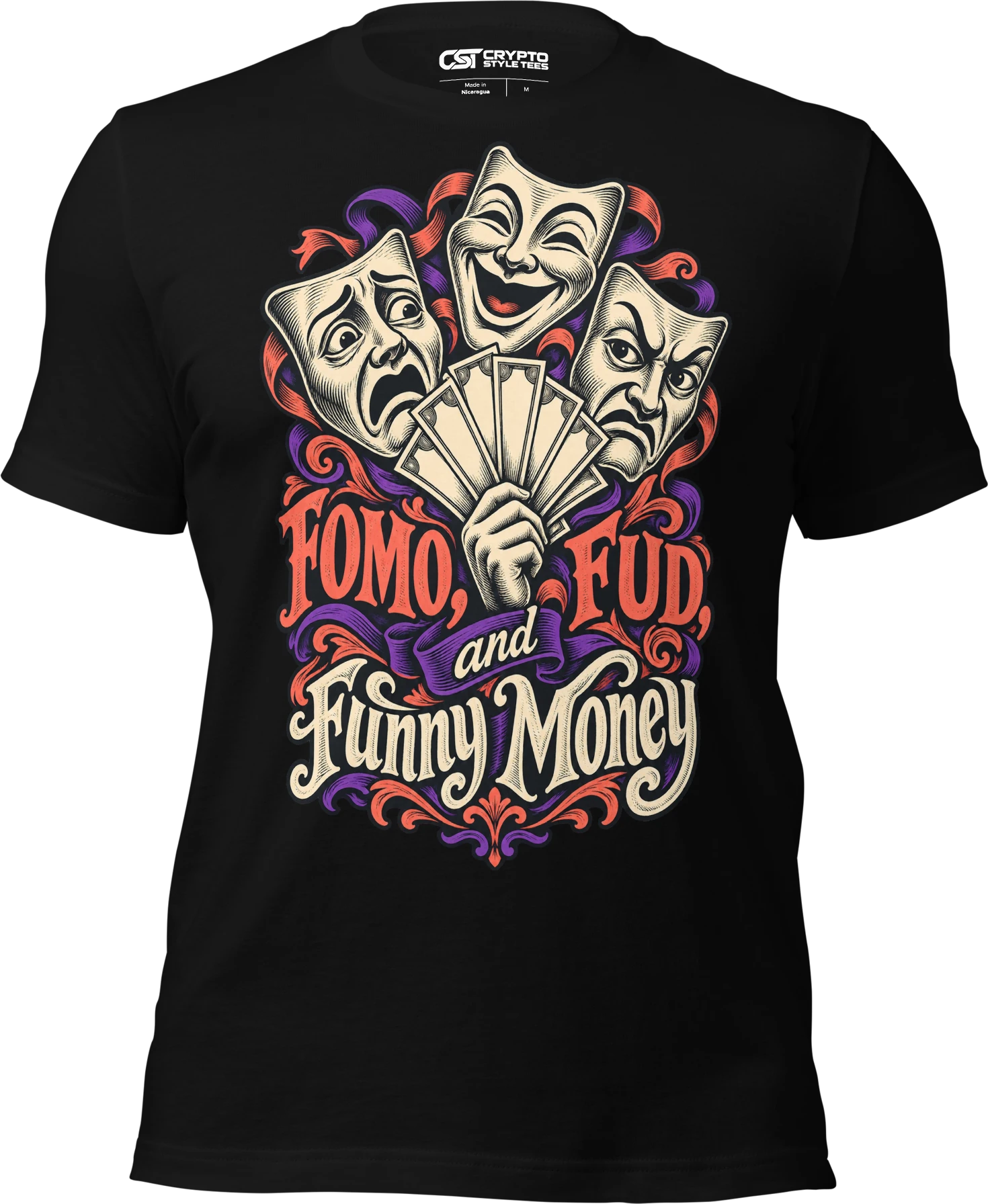 FOMO, FUD, and Funny Money T Shirt in Black